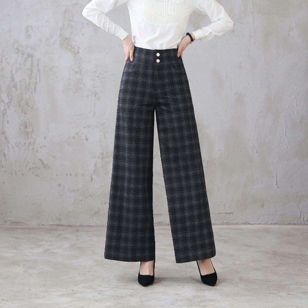 Plaid Wide-Leg Pants - Black+Gray